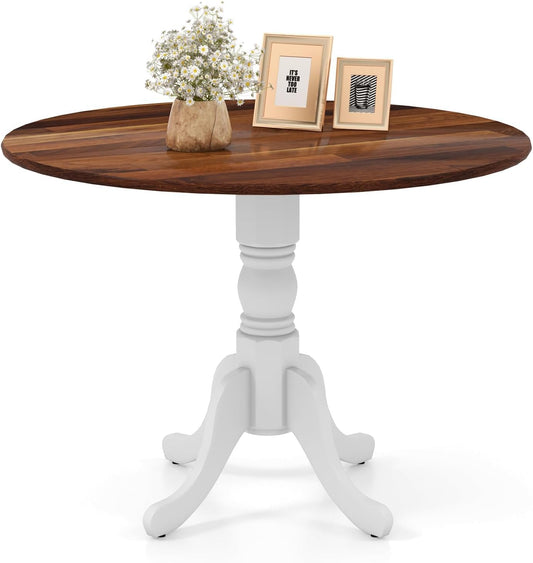 COSTWAY Round Dining Table for 4, 39 inch Kitchen Table with Solid Rubber Wood Frame, Adjustable Foot Pads, Curved Trestle Legs, Mid Century Rustic Dinning Table for Living Room (Walnut+White)