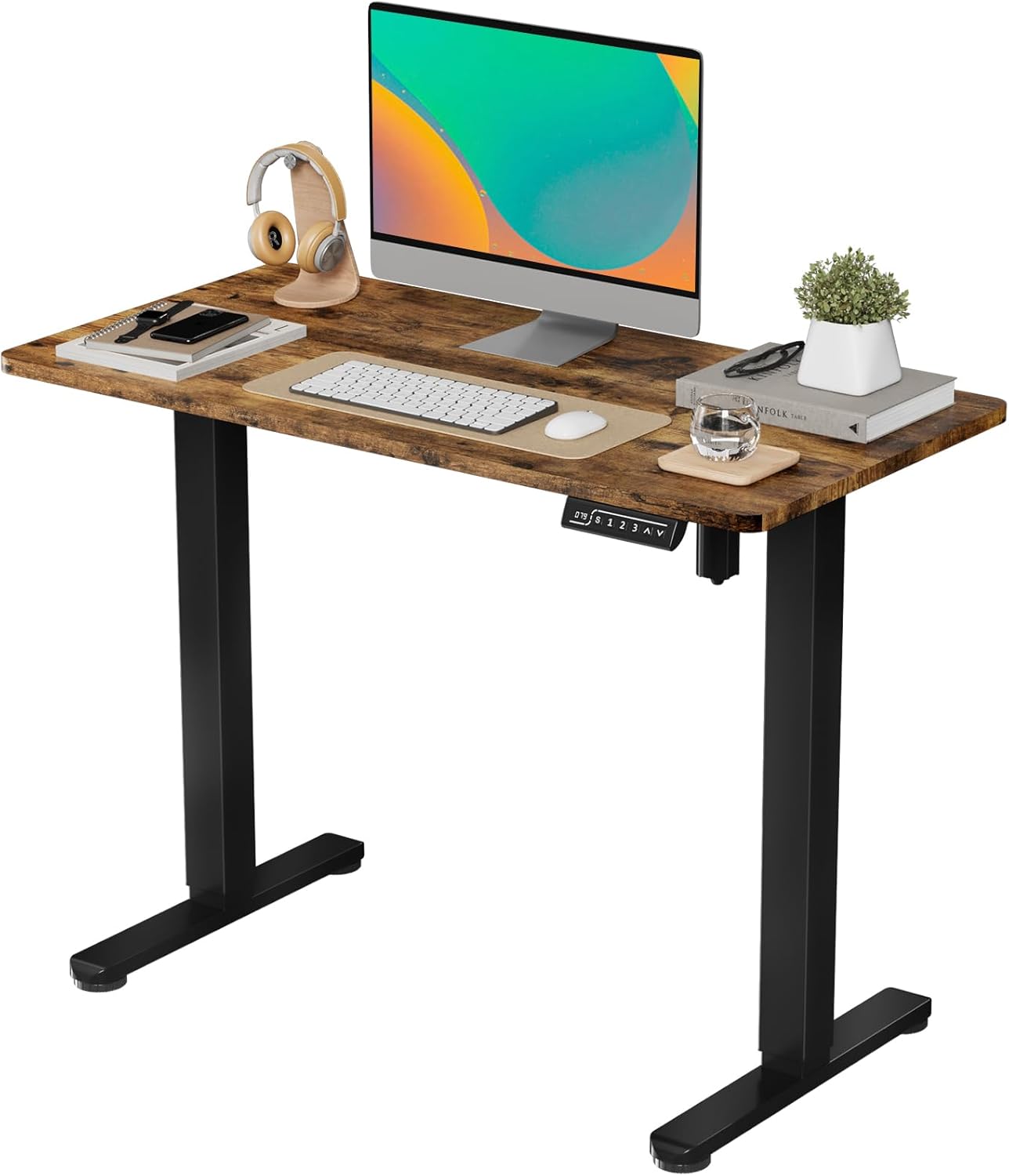 JOY worker Small Electric Standing Desk, 40" x 20" Whole Piece Height Adjustable Table with Memory Controller, Black Sit to Stand Desk Workstation for Home Office, Rustic Brown