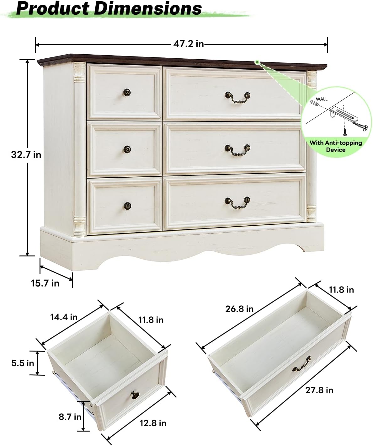 Farmhouse 6 Drawers Dresser for Bedroom with Charging Station, Wood Country Rustic Storage Dressers Organizer, Vintage Design Chest of Drawers for Bedroom, Living Room