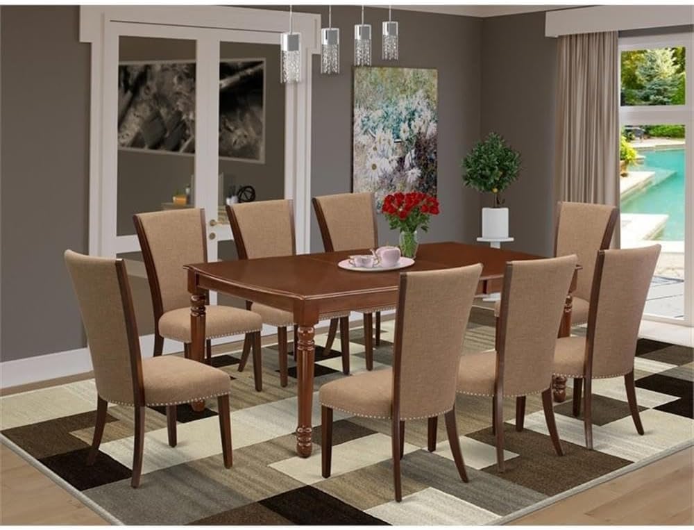 East West Furniture DOVE9-MAH-47 9 Piece Dining Set Includes a Rectangle Dining Room Table with Butterfly Leaf and 8 Light Sable Linen Fabric Upholstered Chairs, 42x78 Inch, Mahogany