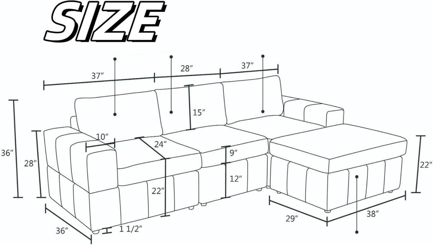 Sectional Couches for Living Room, 102″ Modular Sectional Sofa with Ottoman, Modern Small L Shaped Couch with Chaise for Bedroom, Brown