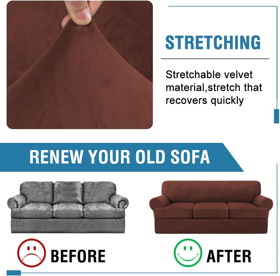 H.VERSAILTEX Sofa Cover 4 Piece T Cushion Sofa Slipcovers Thick Velvet Couch Cover Stretch T Cushion Sofa Covers for 3 Cushion Couch with 3 Individual T Cushion Covers, Burnt Brick