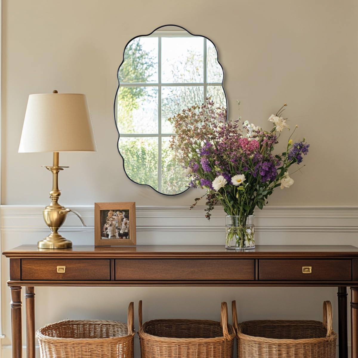 ANDY STAR Brushed Nickel Mirror Scalloped Edge - Modern Bathroom Wall Mirror 22x30 Inch, Corrosion Resistant, Easy Clean SUS Frame