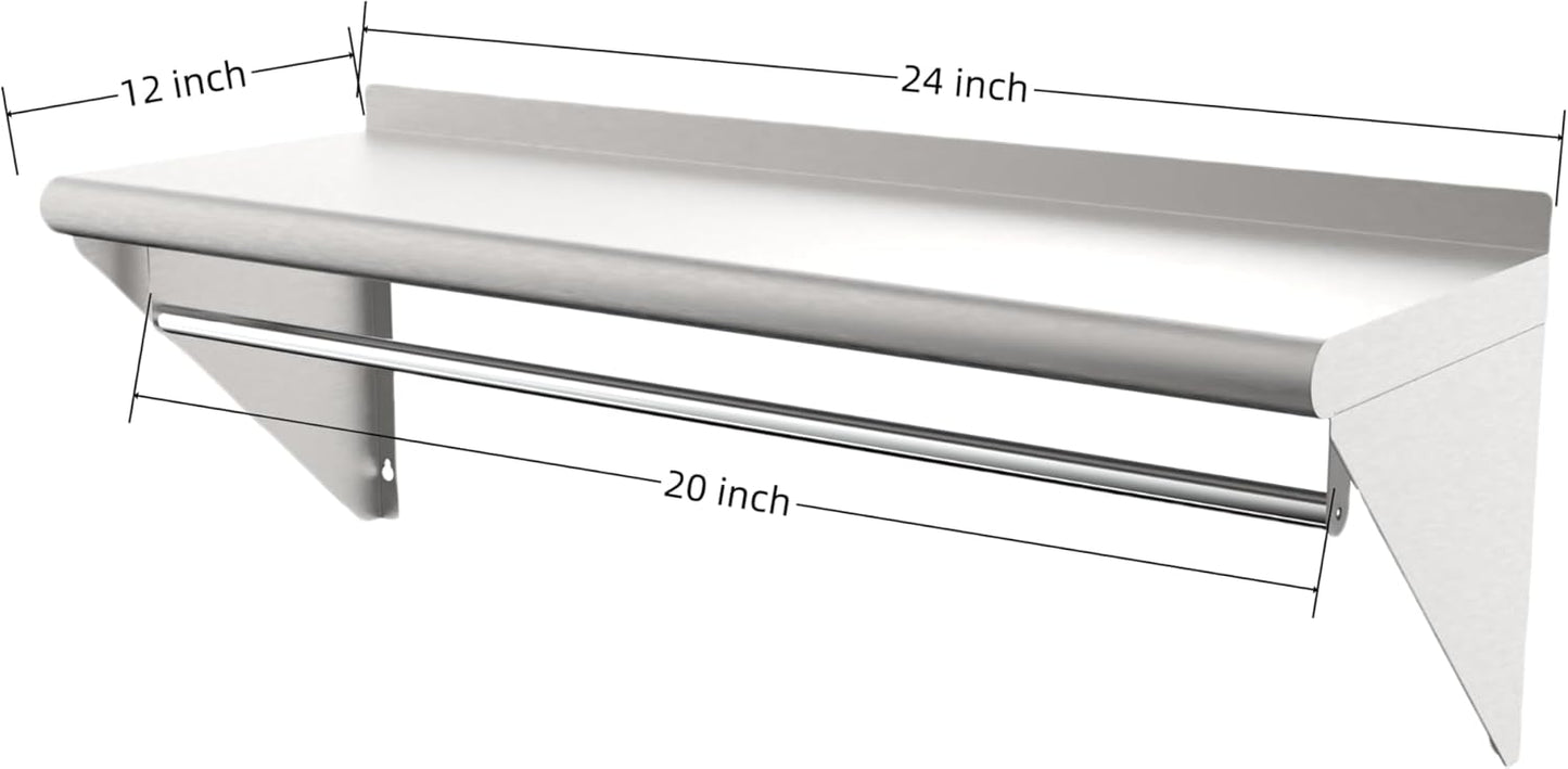 12''x24'' Wall Mounted Stainless Steel Shelf with Suspension Rod, NSF Commercial Metal Wall Mounted Floating Shelf for Kitchens, Restaurants, Food Trucks, Garages, Homes and Hotels