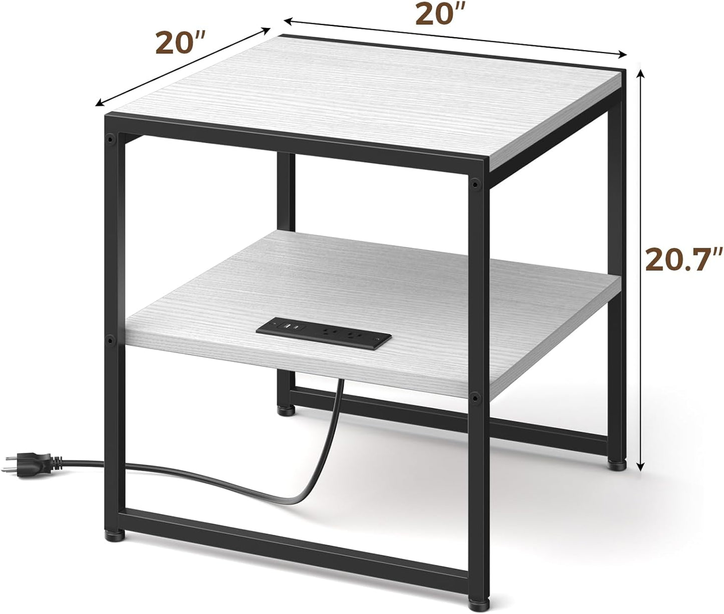 Tatub 20" End Table with Charging Station, Industrial Square Side Table with USB Ports & Outlets, Versatile 2-Tier Small Nightstand for Bedroom Living Room, White