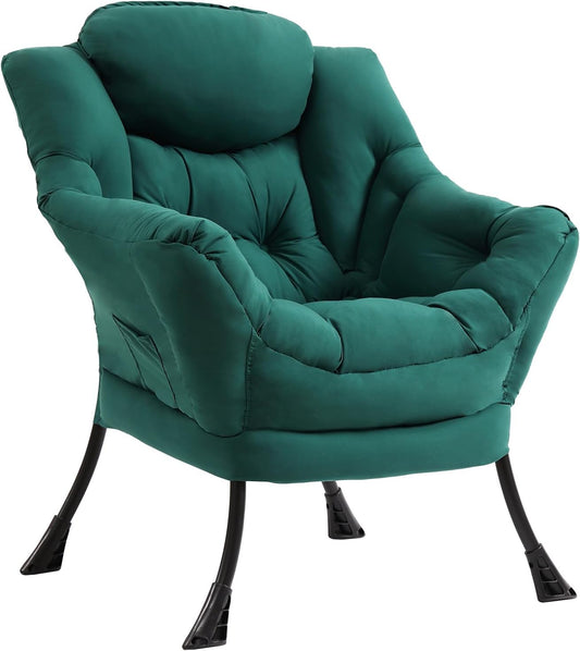 Lazy Chair for Living Room, Modern Accent Chairs with Armrests, Comfy Lounge Chair with Side Pocket, Cozy Lazy Sofa for Reading, Balcony, Bedroom, Dorm, Small Spaces (Dark Green)
