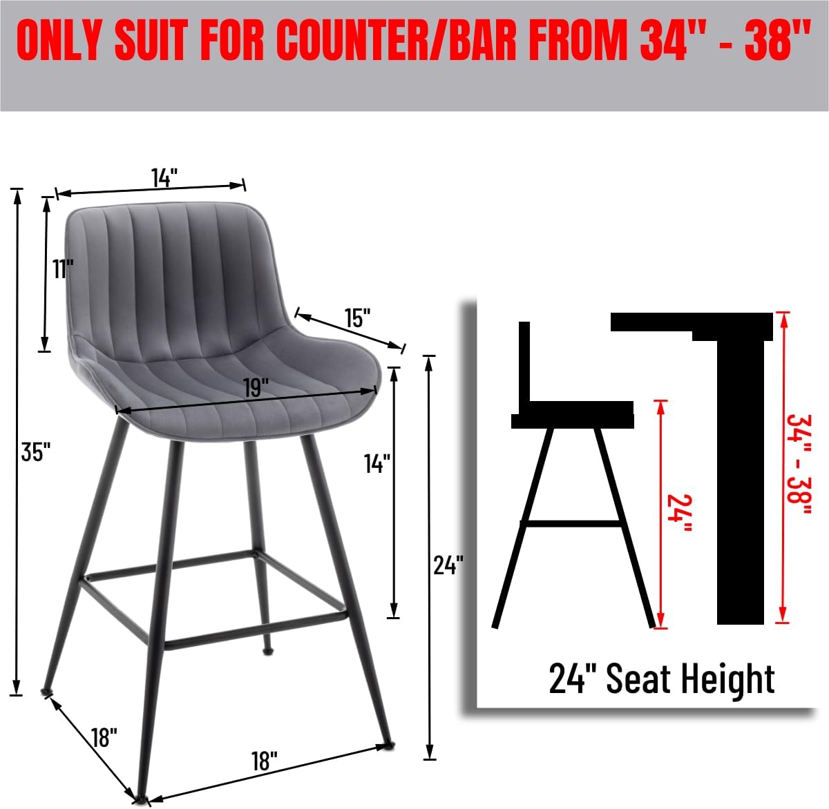 Counter Height Bar Stools, Modern Velvet Barstools Set of 2 with Black Legs and Fabric Seat and Back for Kitchen Island, Grey.