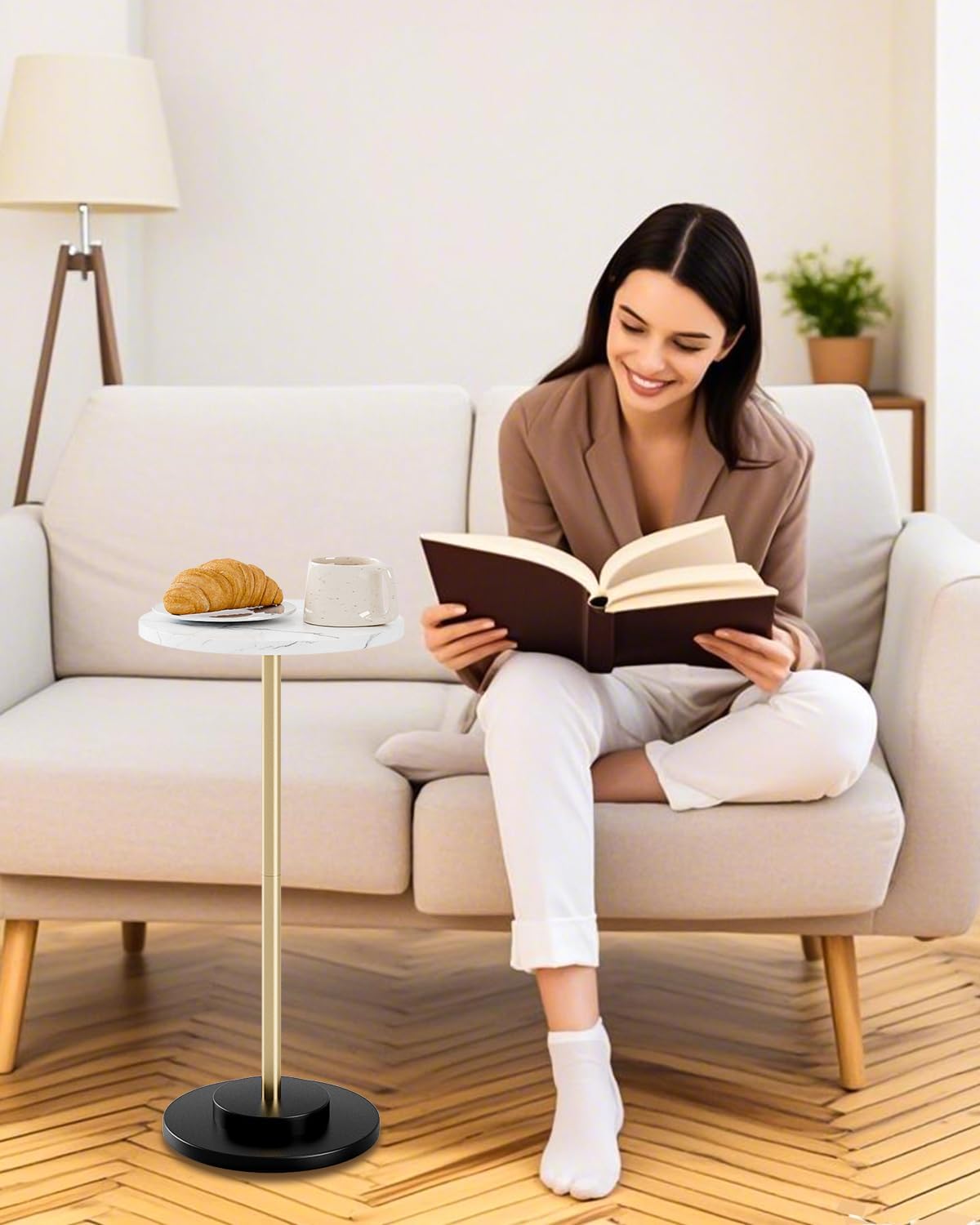 Round Side Table, Small Drink Table for Small Spaces, Modern Accent End Table Coffee Table with Metal Leg for Living Room, Bedroom, Corners, and Office (White Marble)