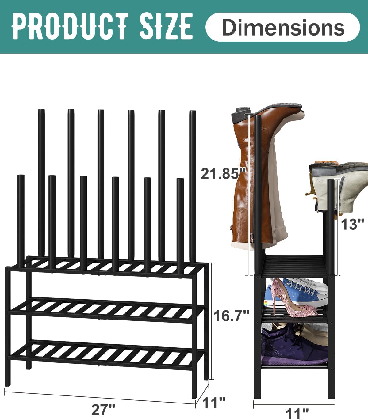 Black Boot Rack, Boot Rack Organizer Tall Boots with Shoe Rack for Closet, Bamboo Wood Shoe Shelf Storage Organizer for Entryway Small Space