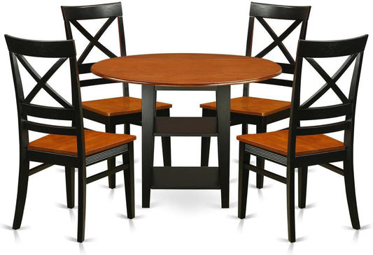 East West Furniture SUQU5-BCH-W 5 Piece Modern Dining Table Set Includes a Round Wooden Table with Dropleaf & Shelves and 4 Kitchen Dining Chairs, 42x42 Inch, Black & Cherry