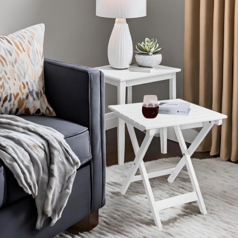 Outdoor Patio Side Table Small Wood End Square Table Folding Coffee Furniture for Living Room, Bedroom, Plant Stand, Camping Portable White