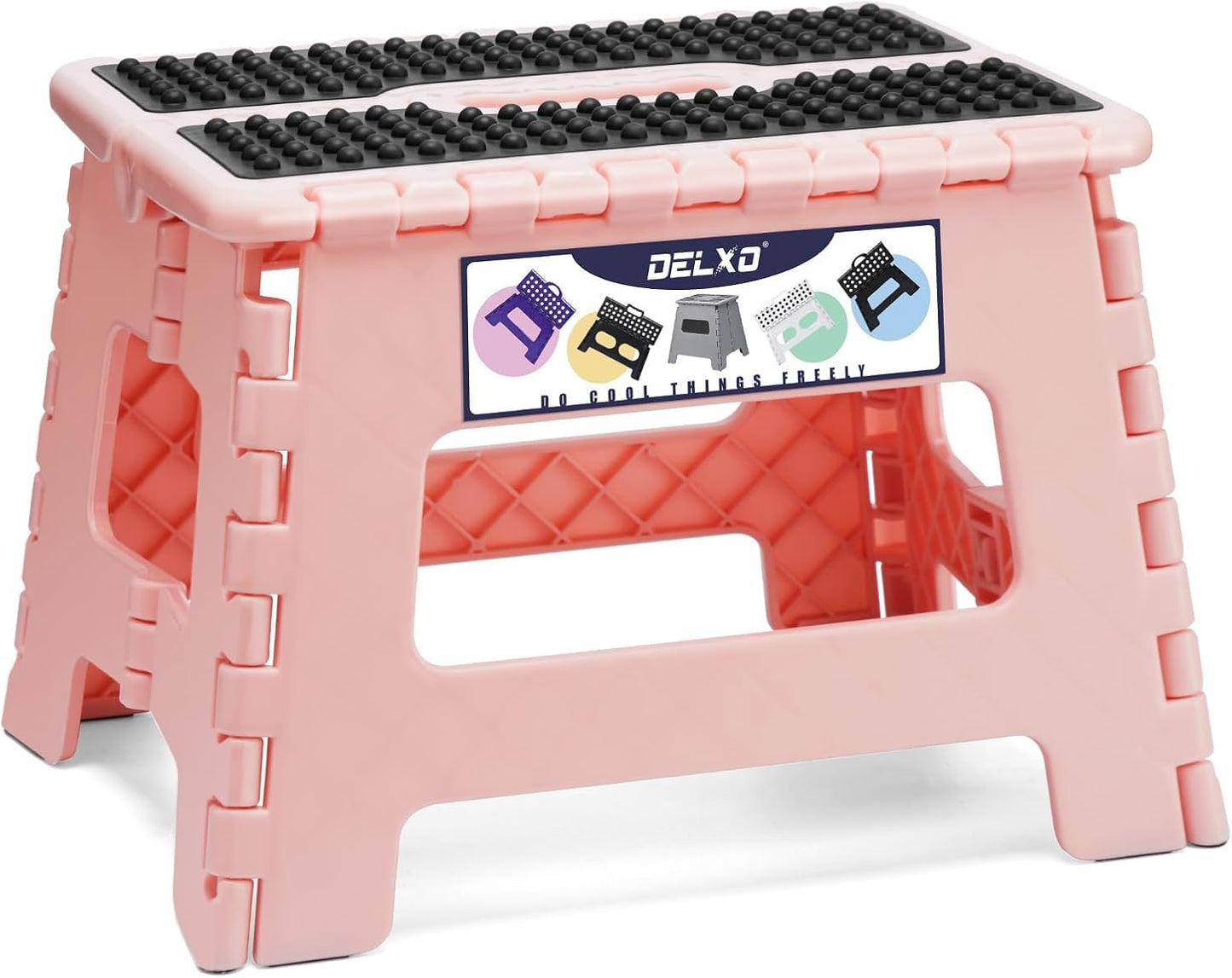 Delxo Folding Step Stool 9 Inch,Non-Slip Foldable Stools Up to 300 LBS,Kitchen Collapsible Fold Up Stepping Stool with Dotted 1 Pack,Pink