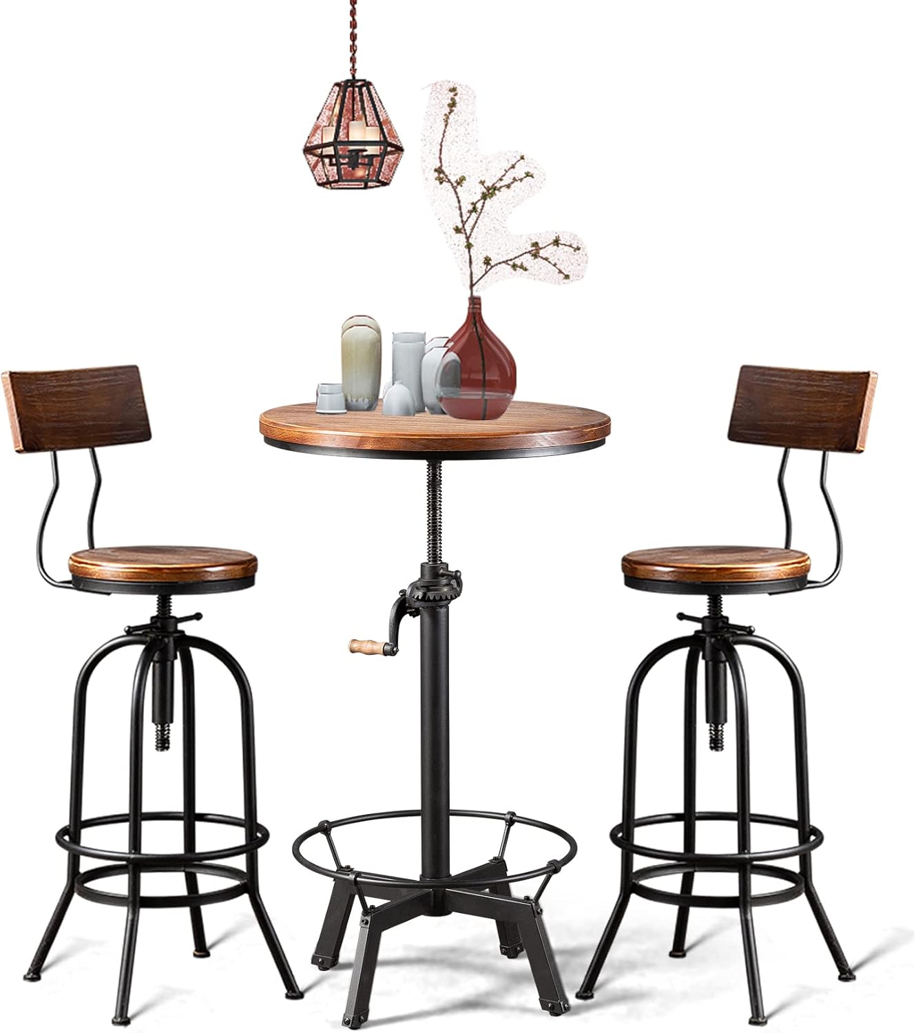 3-Piece Crank Handle Bar Table (33.5"-39.4") & 2 Backrests Stools (26"-32") Set for Pub Kitchen Dining Living Party Bistro Breakfast, Swivel Brown Top, Height Adjustable, Most Weld, Space-Saving