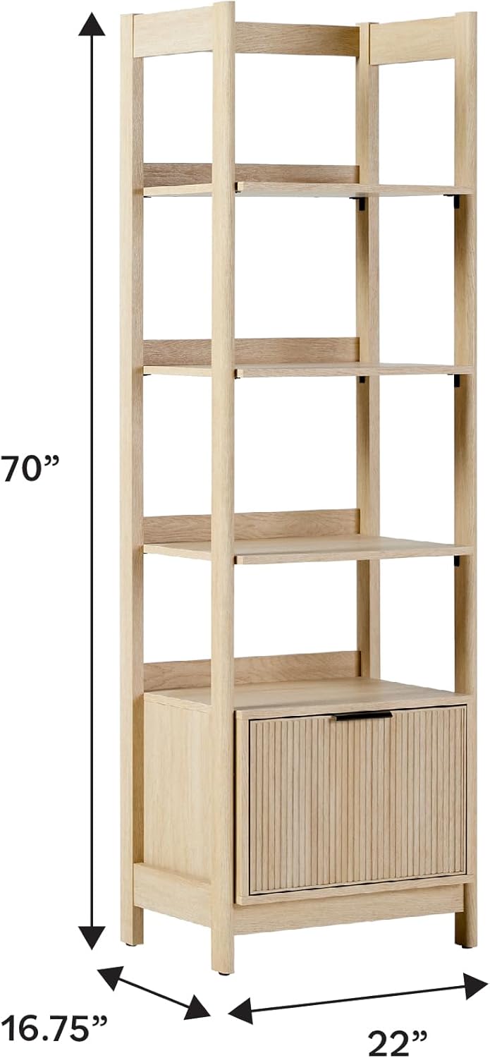 Walker Edison Transitional Reeded Narrow Open Bookshelf with Drawer Home Office Living Room, Bedroom, 4-Shelf Bookcase with Bottom Storage, 22 Inch, Coastal Oak