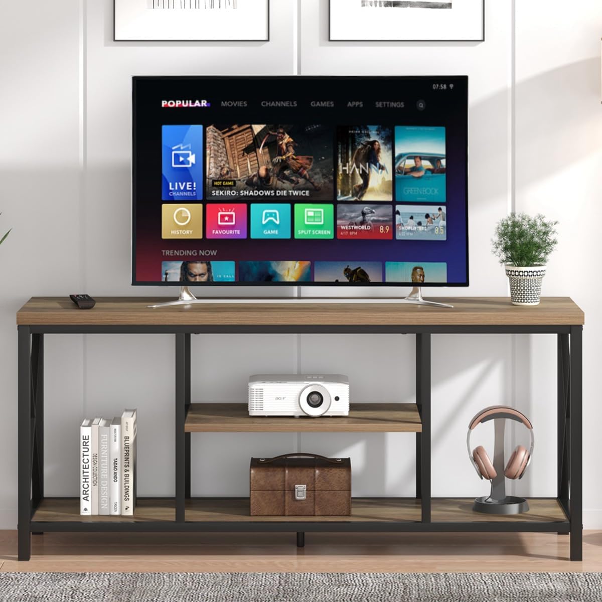 FOLUBAN TV Stand for TV up to 65 inch, Rustic Wood and Metal Entertainment Center with Storage Shelves, Modern Industrial Media TV Console Table for Living Room, Oak 55 inch