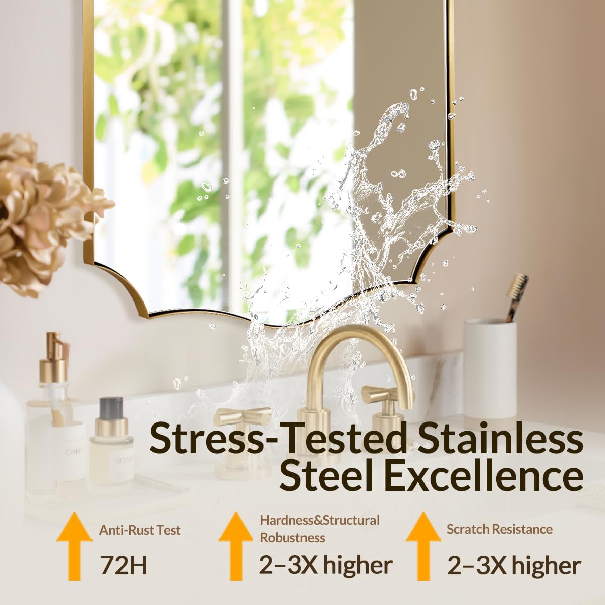 28x36 Inch Gold Scalloped Mirror, Bathroom Vanity Mirror with Stainless Steel Metal Frame, Anti-Rust, Shatterproof HD Glass, Unique Irregular Mirror for Bathroom, Bedroom, Living Room