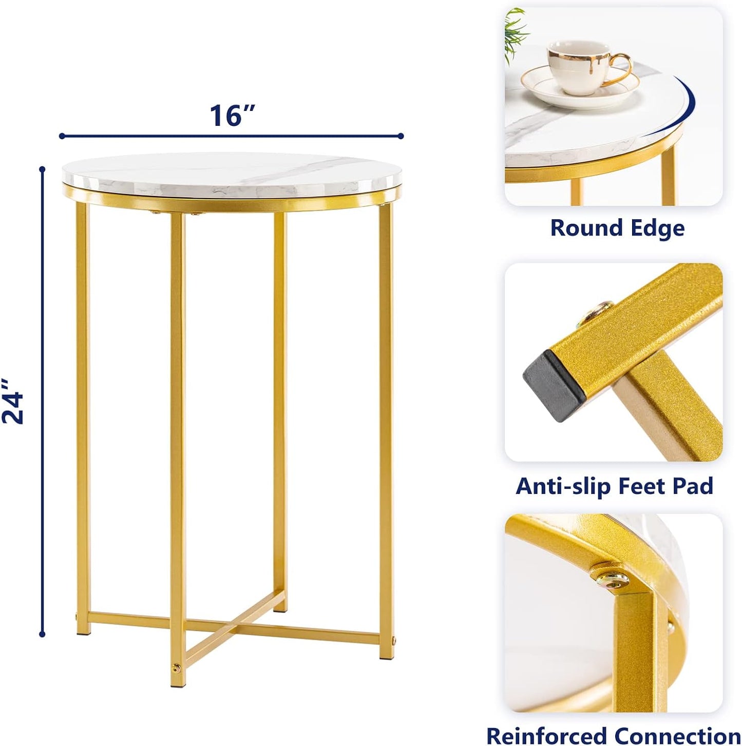 TECHMILLY Round End Table, Faux Marble Sofa Table, Accent Side Table with Metal Frame, Modern Gold Nightstand, Tall Coffee Table for Living Room, Bedroom-2 Packs
