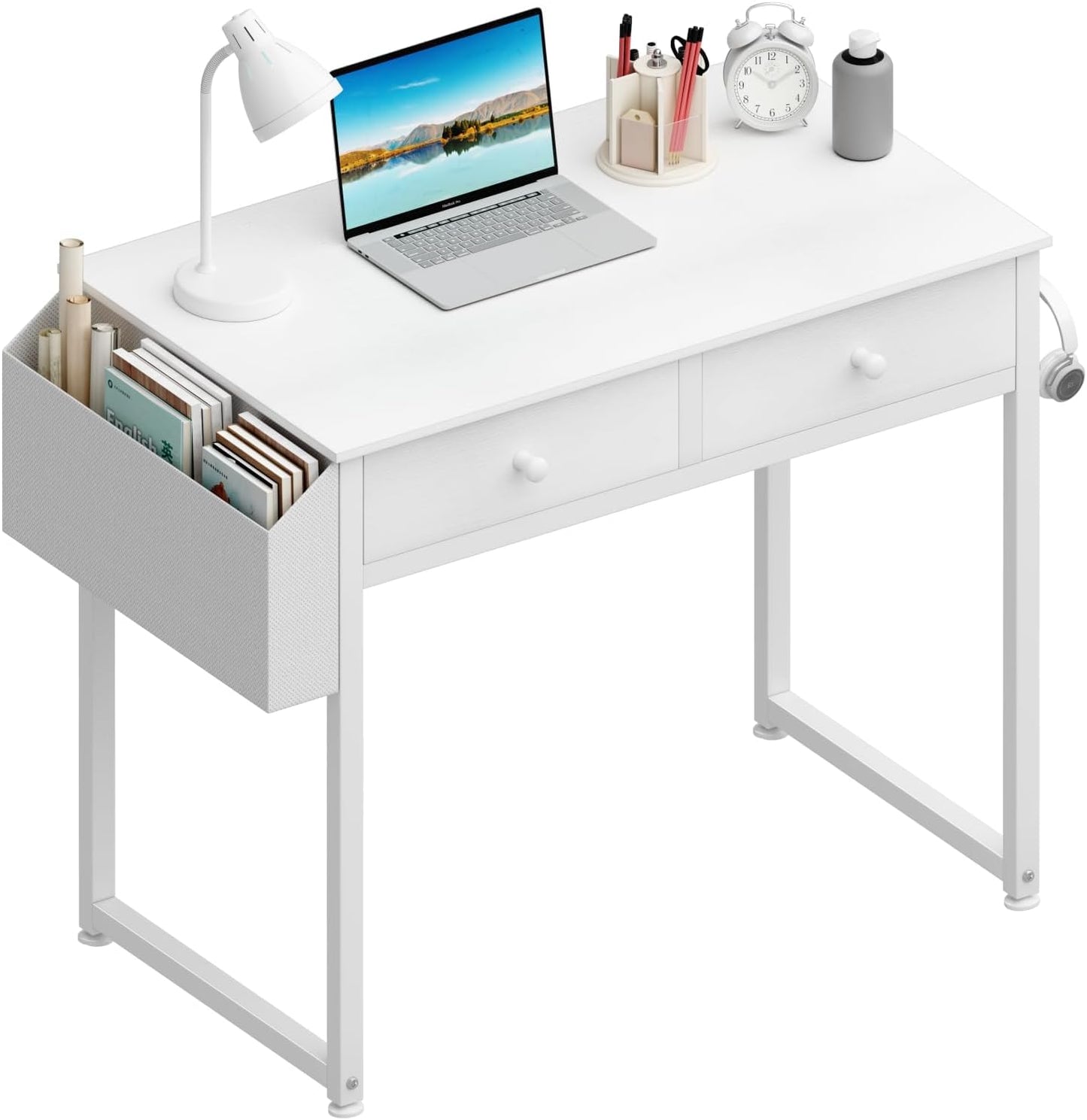 Lufeiya Small White Desk with Drawers - for Bedroom, 32 Inch Home Office Computer Desk with Fabric Storage Drawer and Bag, Study Writing Table for Small Spaces, White