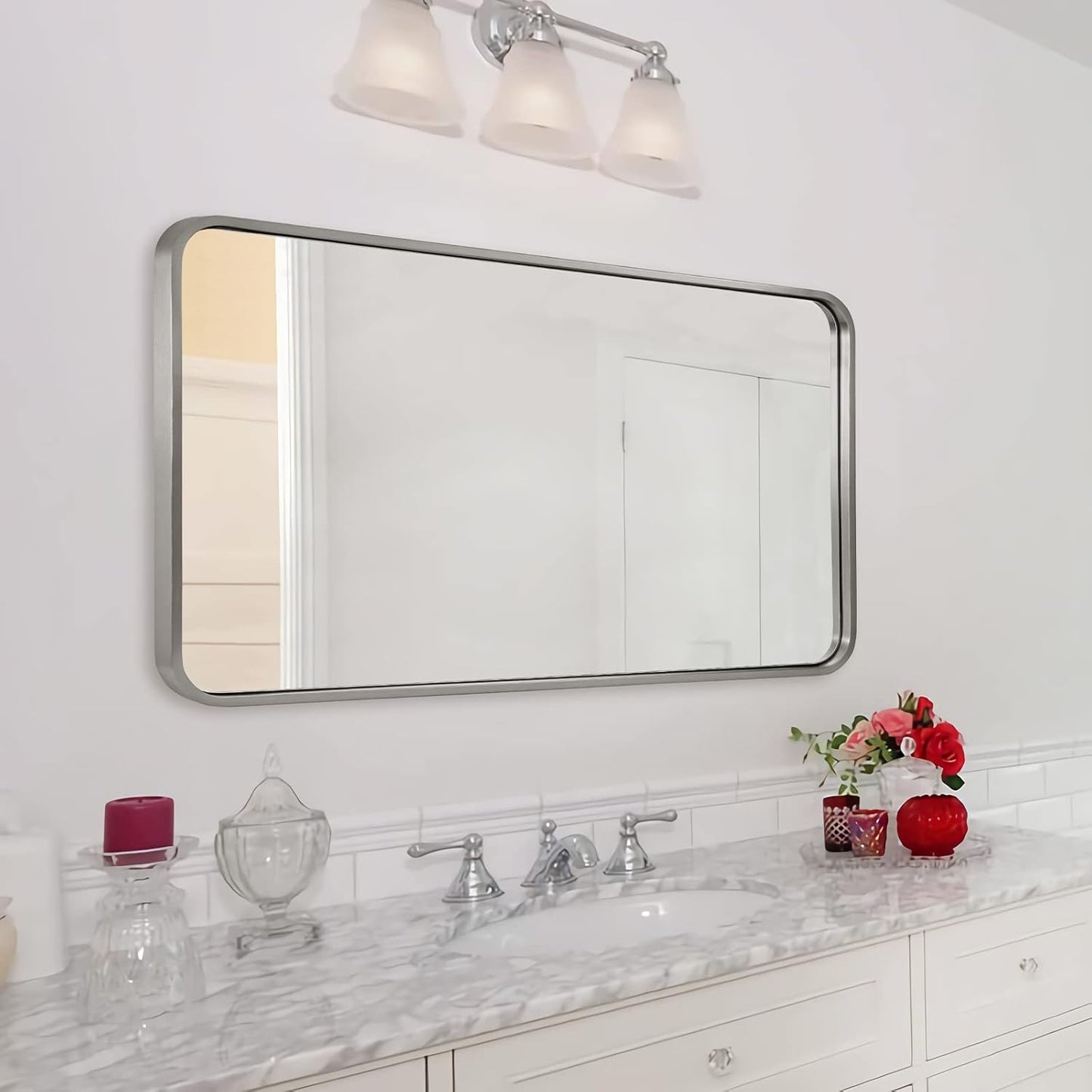 ANDY STAR 24x40'' Bathroom Mirror for Wall, Brushed Nickel Rounded Rectangle Mirror for Vanity in Stainless Steel Tube Metal Frame Antirust Wall-Mounted Horizontal or Vertical