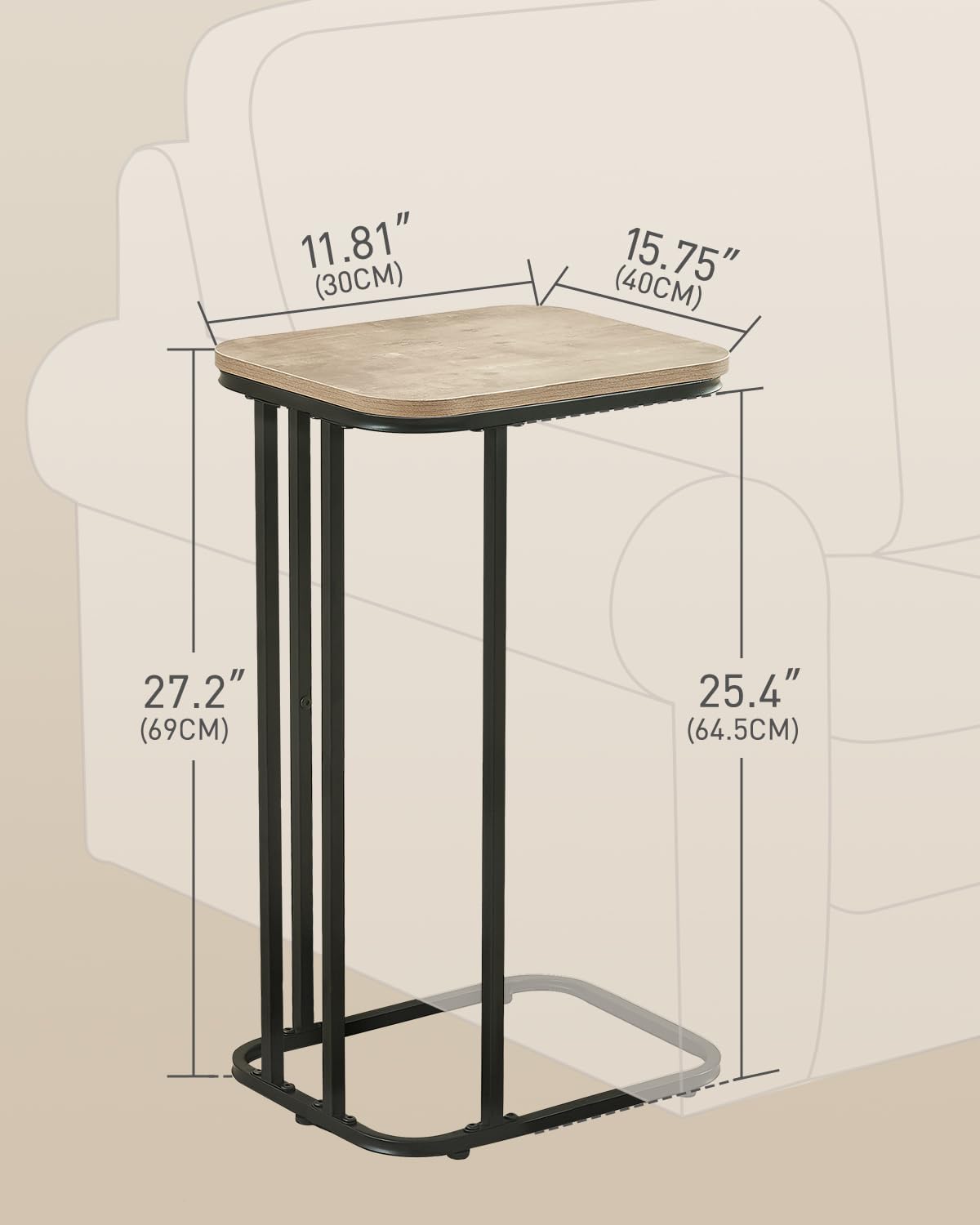 C Shaped End Table, 27 Inches High Small Side Table for Sofa and Bed, Couch Table That Slides Under, Tall Tv Tray Table for Living Room, Bedroom, Metal Frame, Greige & Black