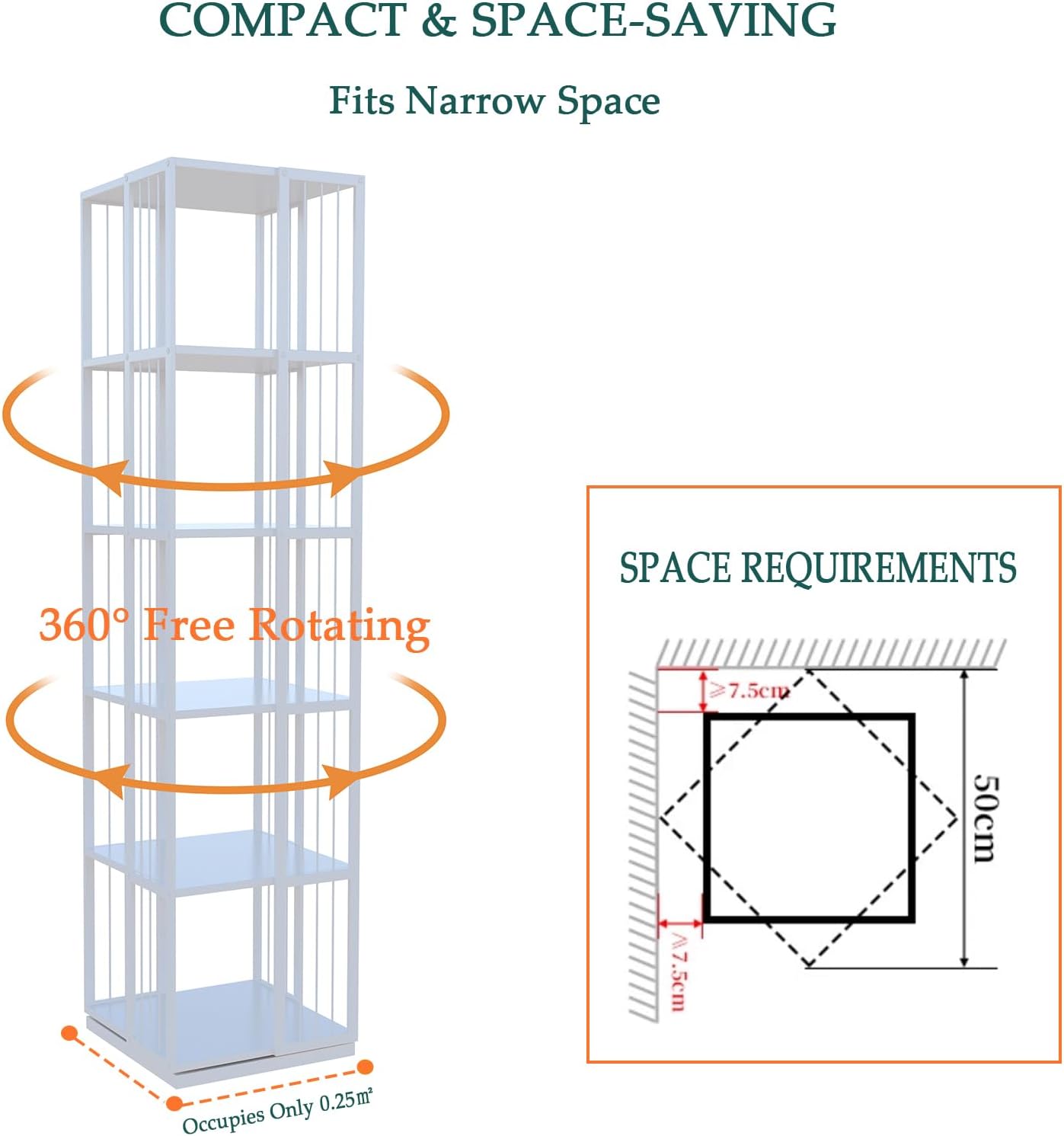 Square Rotating Bookshelf Tower - 360 Spinning Display Corner Bookcase for Narrow Space, Modern 5-Tier Revolving Storage Shelf, White