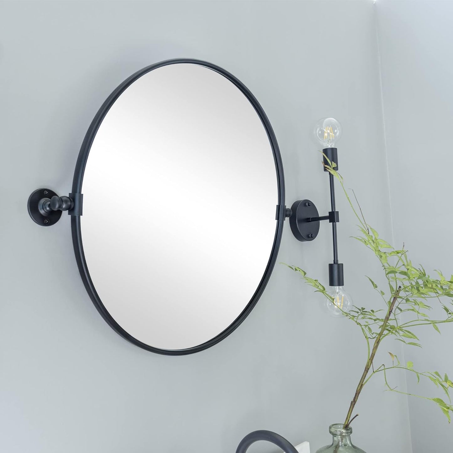 Round Pivot Bathroom Mirror Black Circle Metal Framed Tilting Vanity Mirrors for Wall