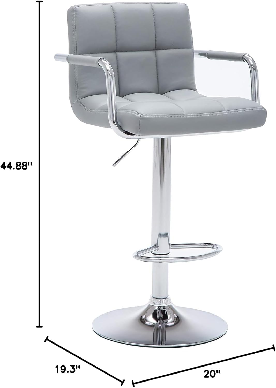 AC Pacific Contemporary Adjustable Swivel Kitchen Bar Stool Chair with Cushion and Armrest, 24"-33", Pewter Gray