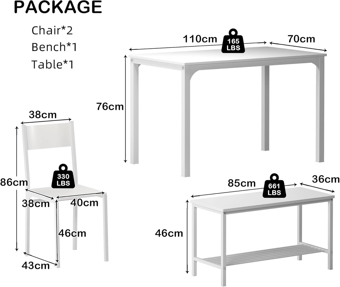 SogesHome 4-Piece Dining Table Set for 4, 43.5'' Space-Saving Kitchen Set with Bench and Chairs, Ideal for Restaurants and Coffee Shops, White