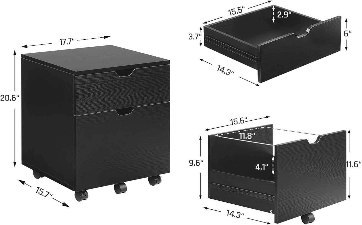 HollyHOME File Cabinet, 2 Drawers Filing Cabinet for Home Office, with Wheels, for A4, Letter Sized Documents, Hanging File Folders,Black