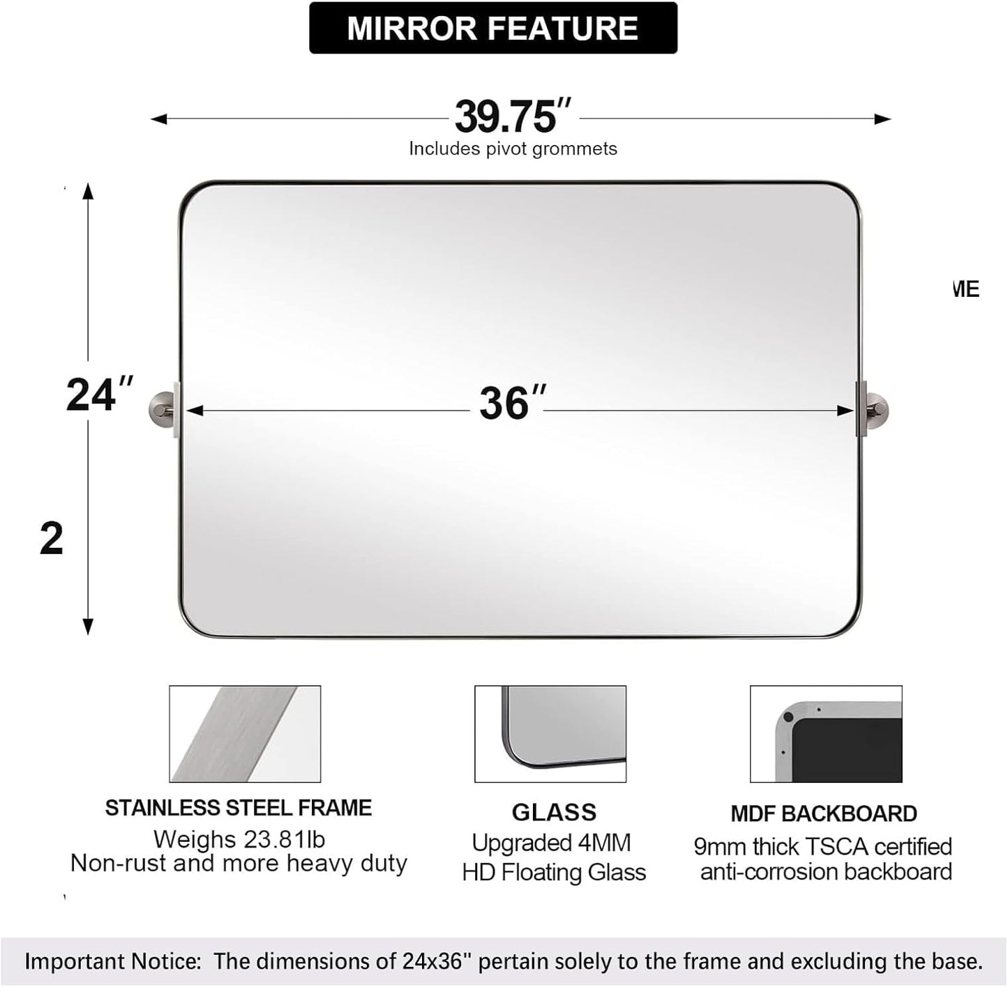 MOON MIRROR 36" x 24" Brushed Nickel Rectangle Bathroom Mirror, Tilting Rounded Rectangular Metal Framed Pivot Wall Mirror, Hangs Horizontally Only(Overall 39.75" x 22")