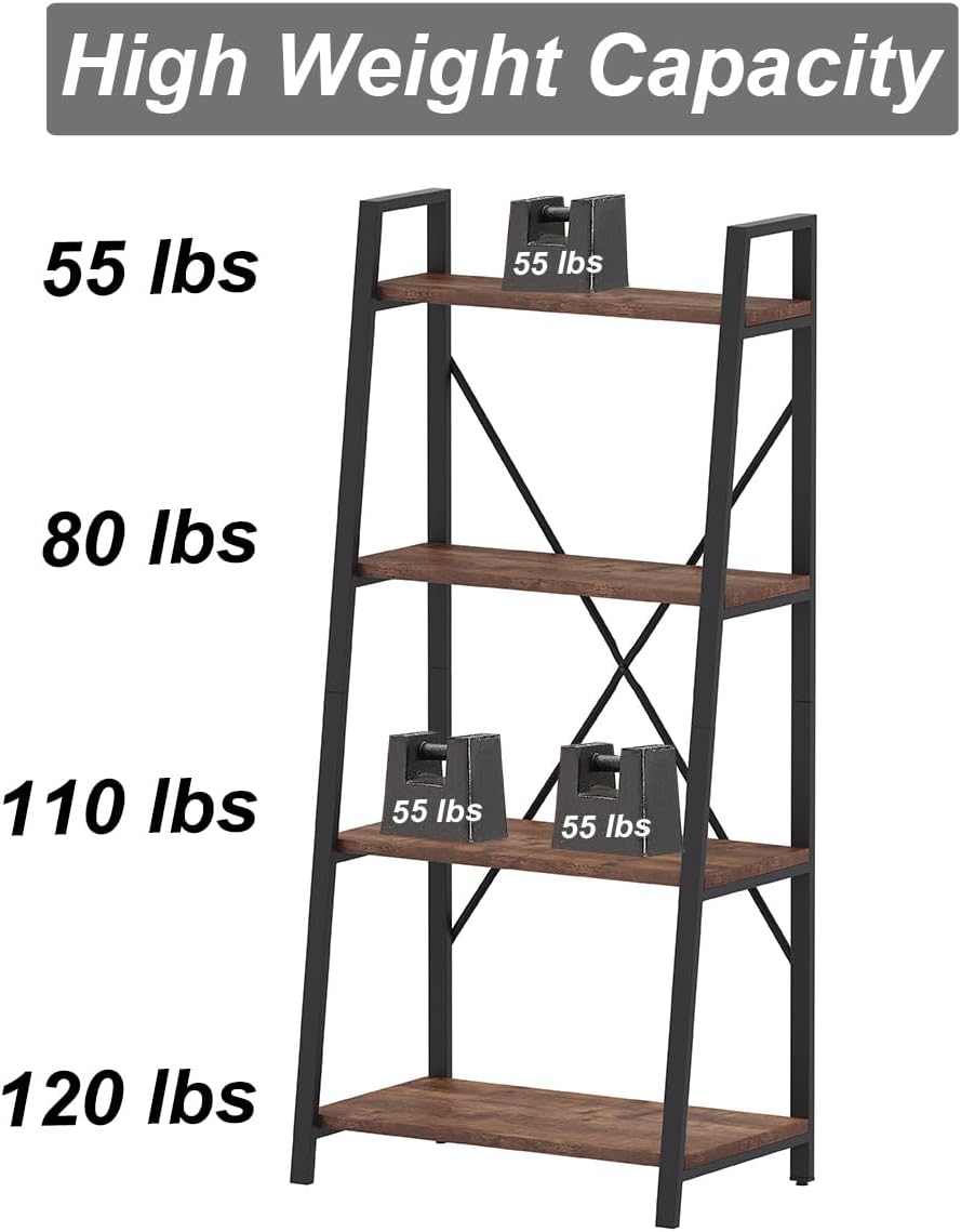 BON AUGURE Industrial Ladder Shelf Bookcase, 4 Tier Rustic Ladder Bookshelf, Standing Leaning Book Shelves for Living Room (Rustic Oak)