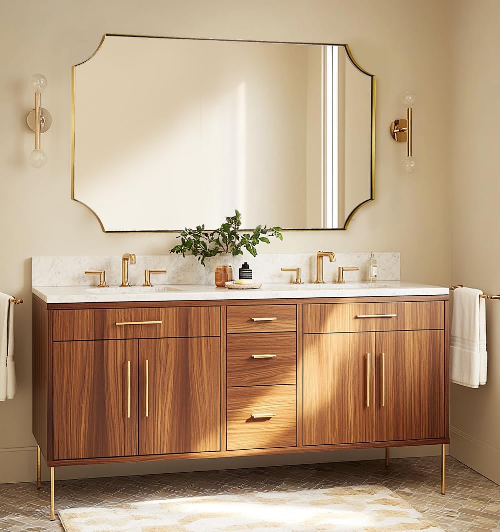 ANDY STAR 30x48 Inch Brushed Gold Mirror, Unique Rectangle Mirror for Bathroom, Large Scalloped Bathroom Mirror with Rust-Proof Stainless Steel 1" Frame, Hangs Vertically or Horizontally