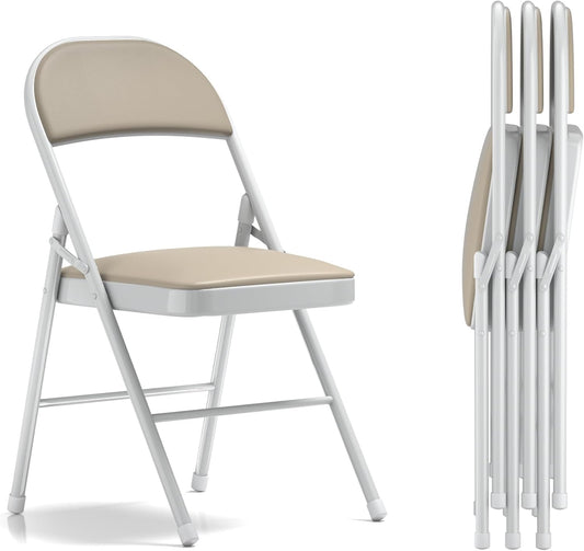 VECELO 4-Pack Folding Chairs Portable Metal with Ultra Soft PU Padded Cushion Seats for Home Office, Beige
