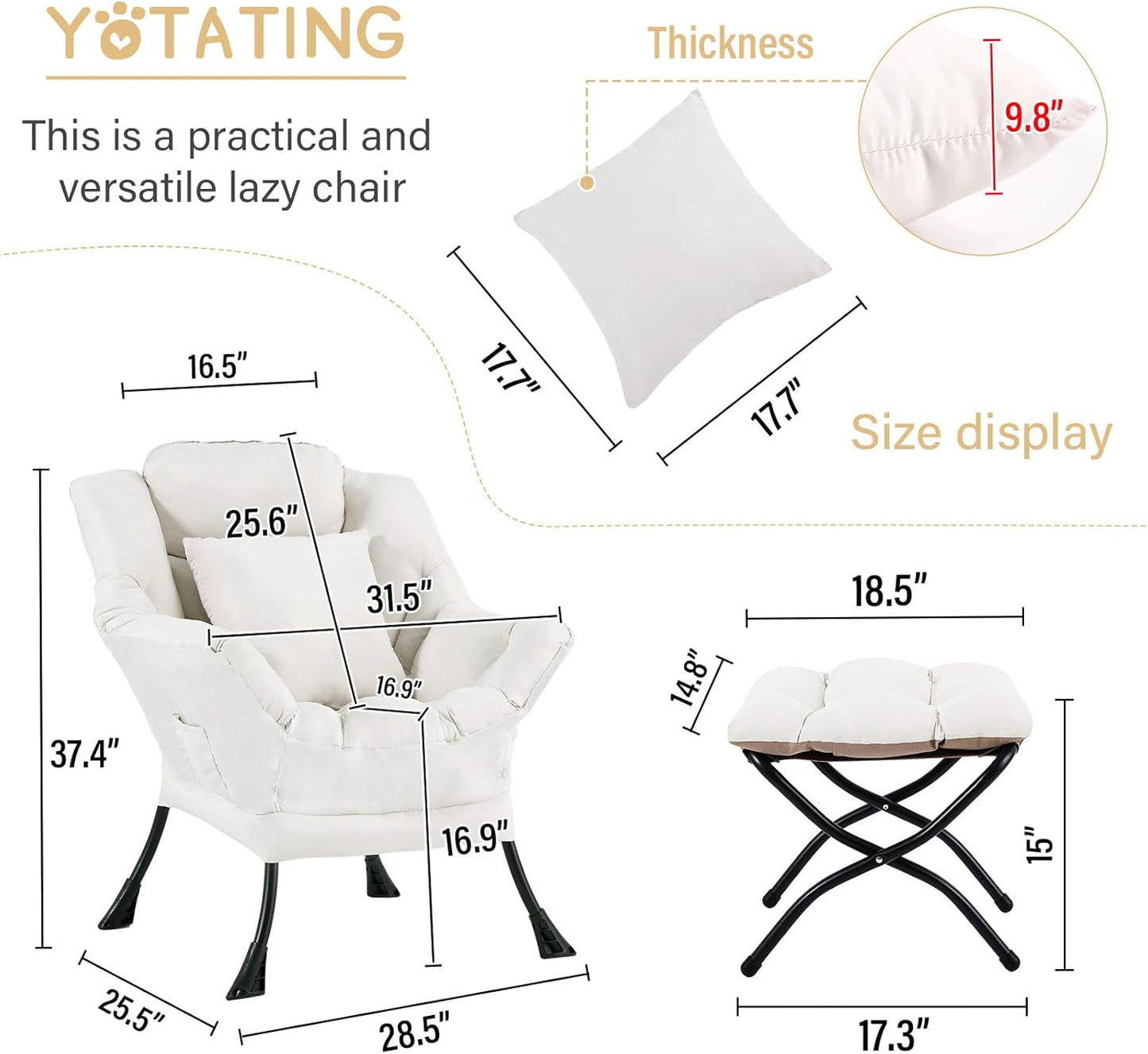 Lazy Chair with Ottoman, Comfy Reading Lounge Chair with Footstool & Throw Pillow Modern with Armrests & Side Pocket for Living Room, Bedroom, Dorm Room, Beige