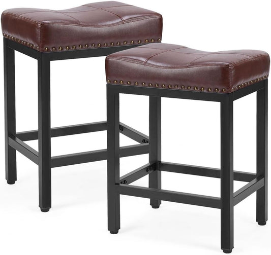 Counter Stools Set of 2 Upholstered Counter Height Bar Stools with Padded Seats and Metal Base, Leather Saddle Stool for Modern Kitchen Island, 22.4-Inch, Brown