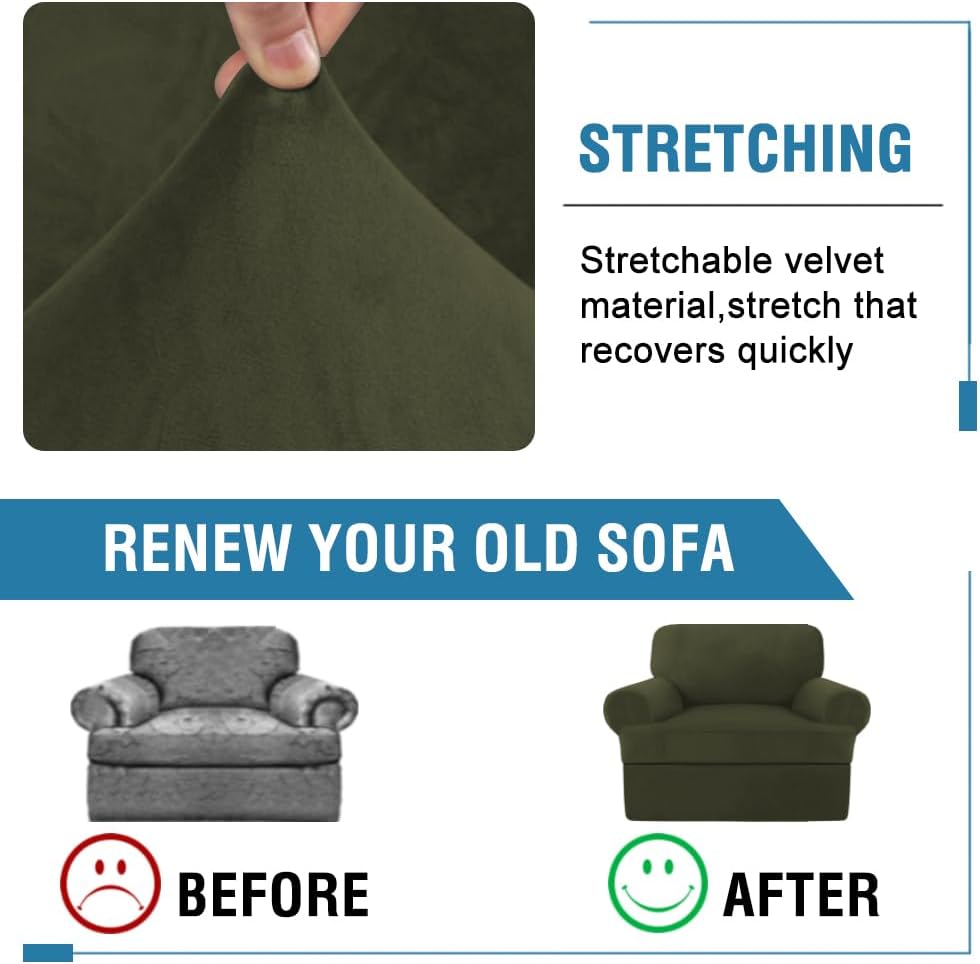 H.VERSAILTEX Sofa Cover 2 Piece T Cushion Armchair Slipcovers Thick Velvet Couch Cover Stretch T Cushion Sofa Covers for 1 Cushion Couch with 1 Individual T Cushion Covers, Olive