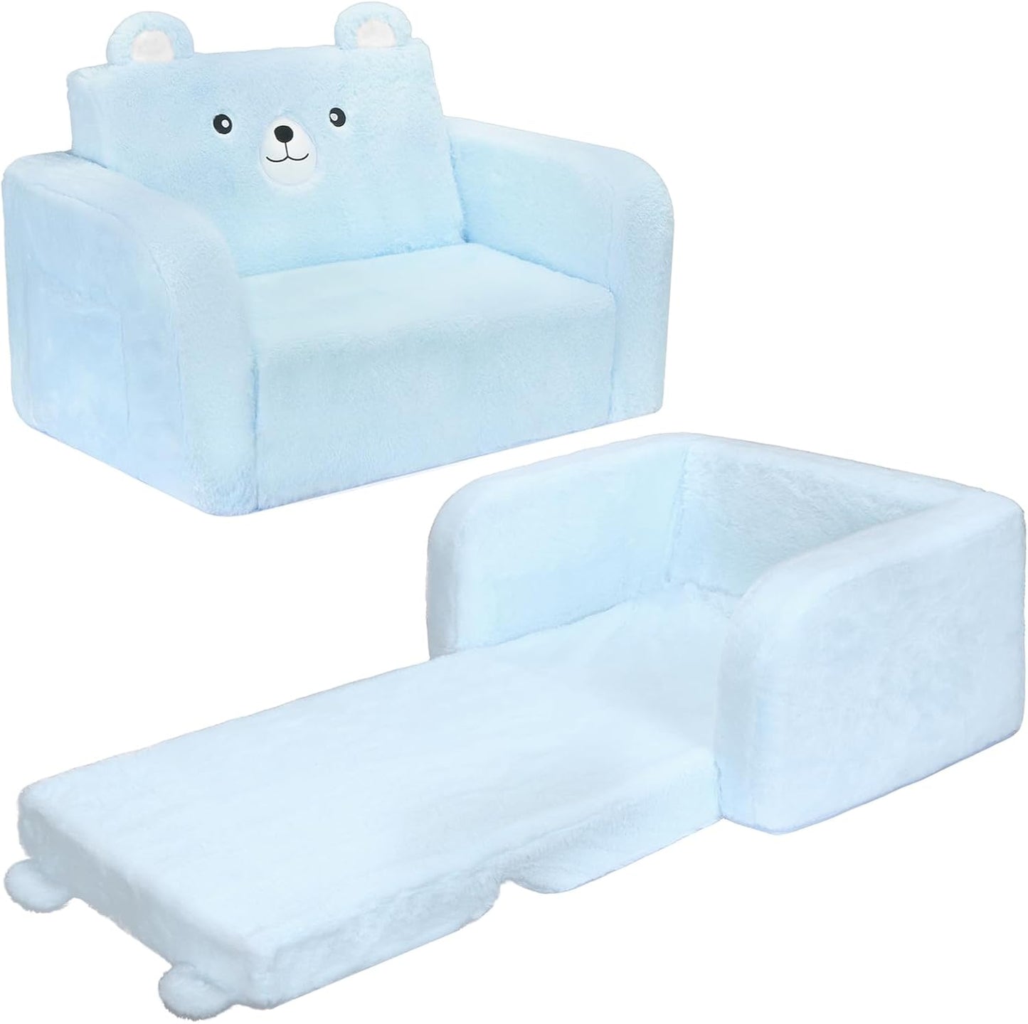 MONKISS Toddler Couch, 2-in-1 Kids Sofa Fold Out, Convertible Sofa to Lounger for Girls and Boys, Toddler Chairs Comfy 1-3 Years Old, SF04, Blue Bear