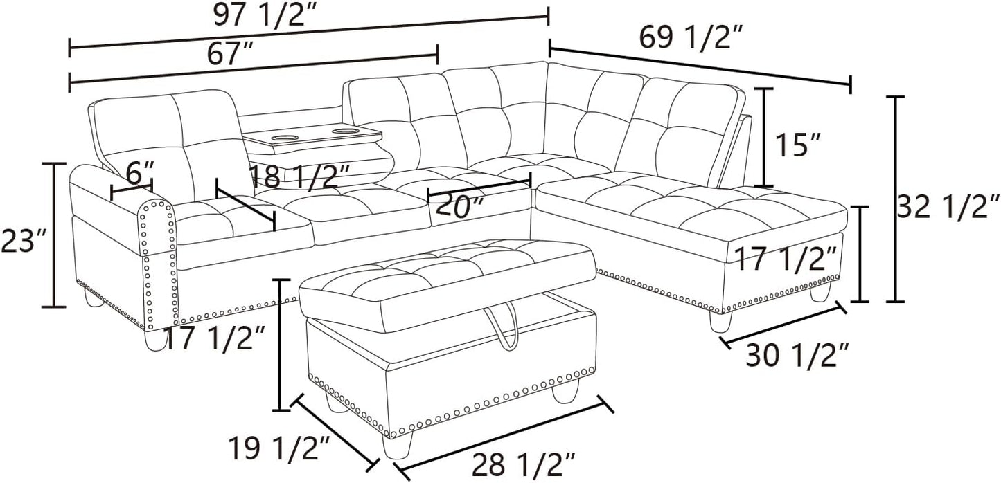 L Shaped Sectional Sofa with Ottoman, Nail-Head Design Leather Right Facing Modern Couches with Cup Holder for Living Room, Bedroom, Office, Ginger
