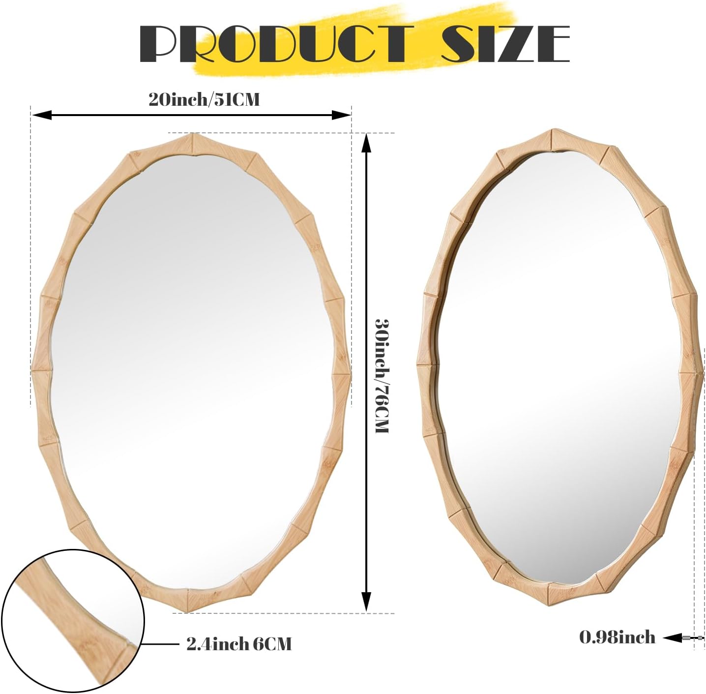 sawsile 20x30'' Rustic Oval Wood Mirror,Decorative Farmhouse Oval Mirrors,Bamboo Vanity Nature Mirrors for Bedroom, Bathroom, Living Room,or Entryway