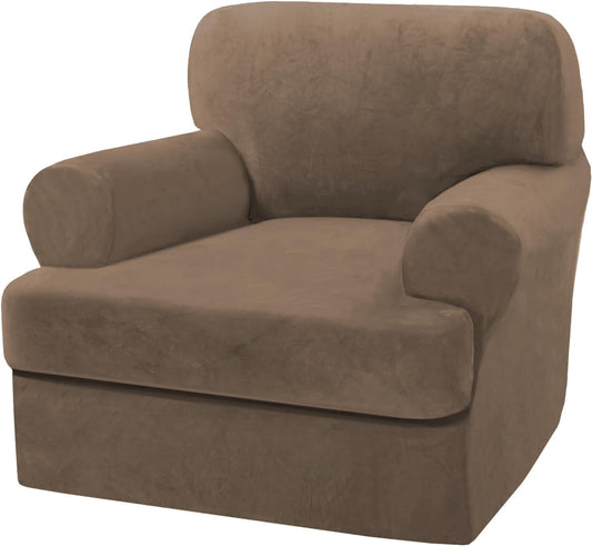 H.VERSAILTEX Sofa Cover 2 Piece T Cushion Armchair Slipcovers Thick Velvet Couch Cover Stretch T Cushion Sofa Covers for 1 Cushion Couch with 1 Individual T Cushion Covers, Mocha
