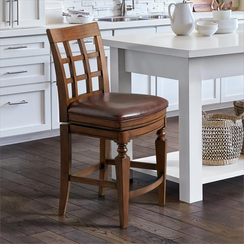 Napa Counter Height Stool with Back, Mahogany - Elegant Trellis Back Design, Faux Leather Upholstery, Foam-Filled Seat, Steel Memory Return Swivel, Seat Height 26 in, Footrest at 6 3/4 in.