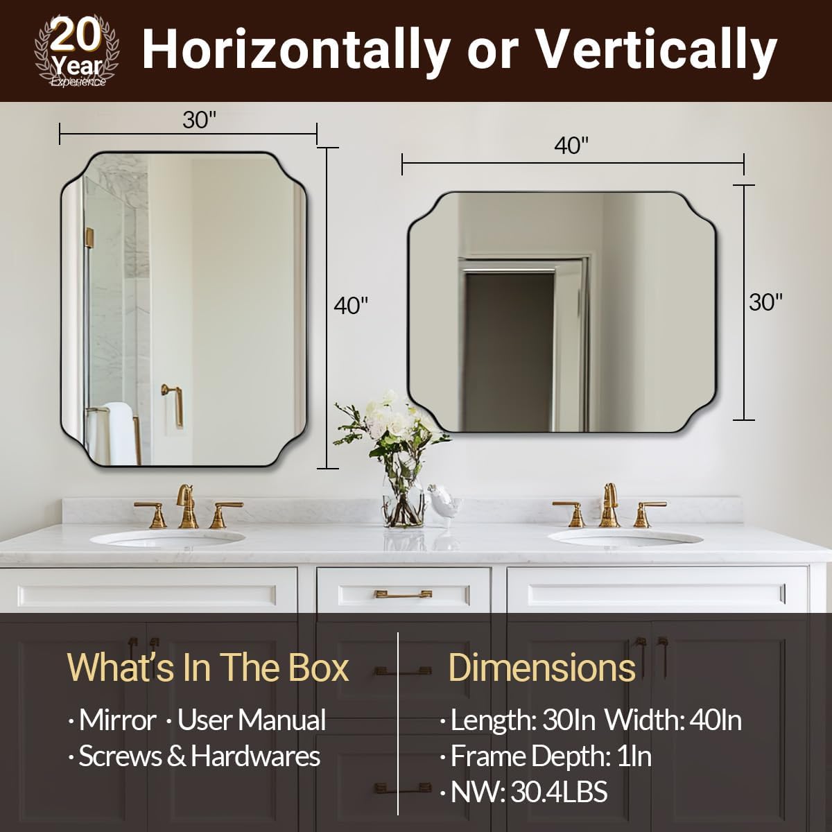 ANDY STAR 30x40 Inch Matte Black Mirror, Unique Rectangle Mirror for Vanity, Bathroom Mirror in Premium Stainless Steel Metal Thin Frame Deep 1’’, Large Wall-Mounted Mirror(Horizontal/Vertical)