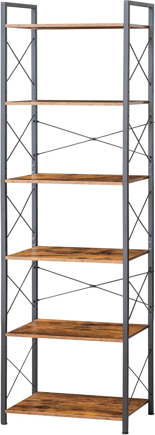 HCHQHS Narrow Bookshelf, Adjustable 6-Tier Industrial Bookcase, Rustic Open Book Shelf, Freestanding Tall Bookshelves with Metal Frame