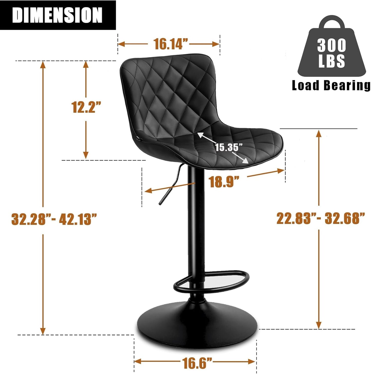 YOUNUOKE Bar Stools Set of 2 Faux Leather Barstools with Back Modern Swivel Counter Height Stool Adjustable High Bar Chairs for Kitchen Islands, Black