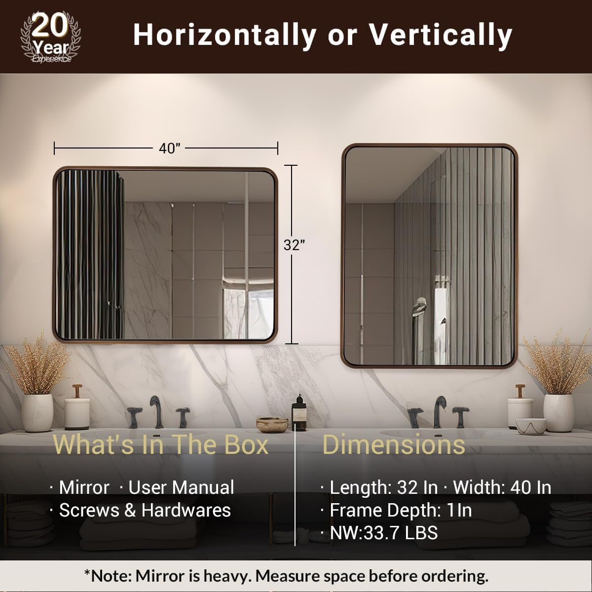 ANDY STAR 40x32 Inch Bronze Bathroom Mirror, Rounded Rectangle Oil Rubbed Bronze Mirrors for Bathroom,Tube Metal Framed, 1’’ Deep Wall Mounted Vertically/Horizontal