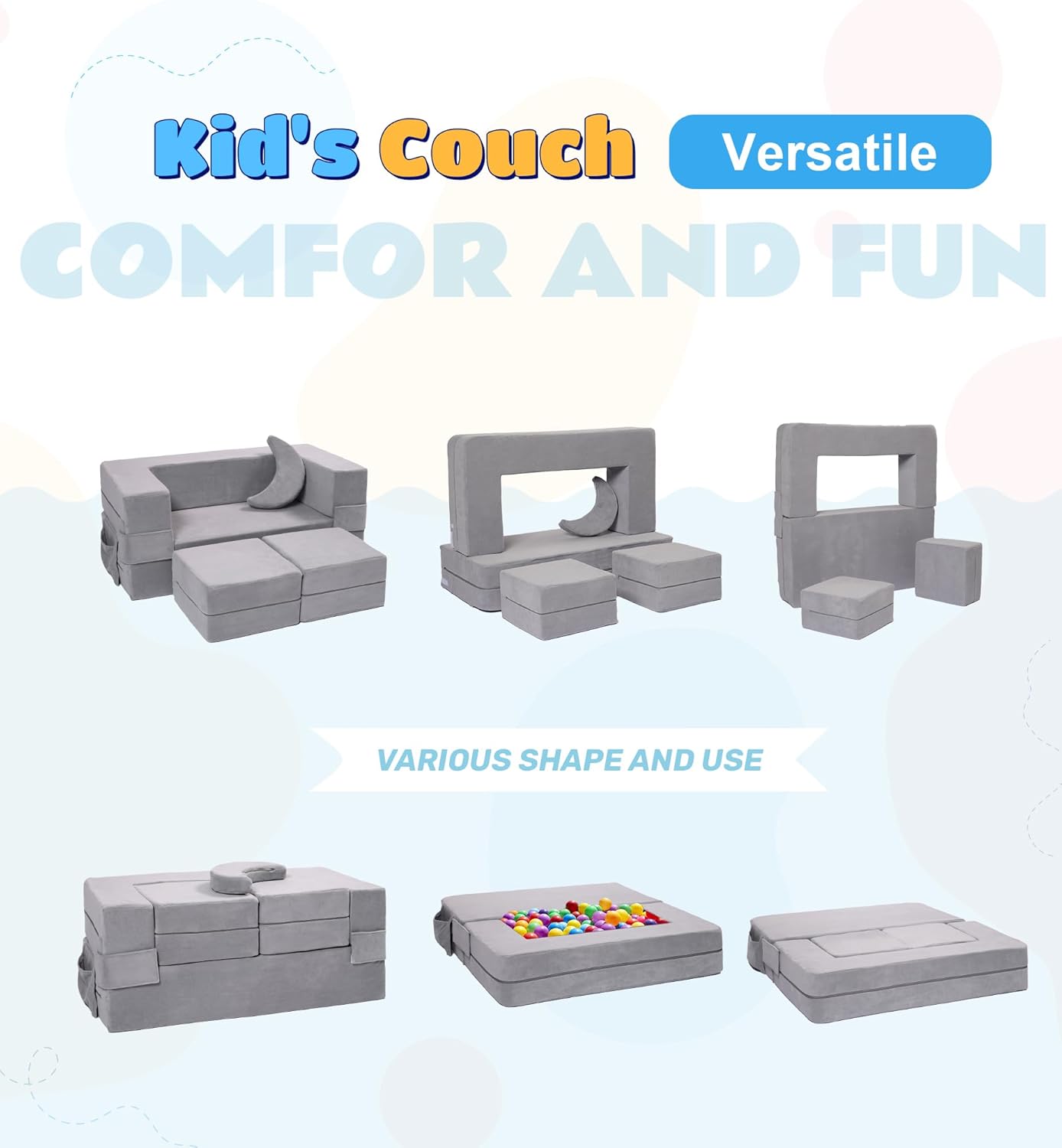 Modular Kids Sofa,Toddler Couch Foam Armchair for Kids, Children Convertible Plush Sofa Play Set,Fold Out SofaBed(Grey)