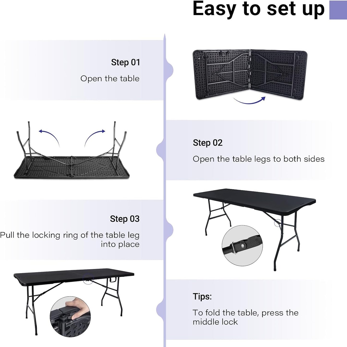 Folding Table 6ft Portable Heavy Duty Plastic Fold-in-Half 6 Foot Foldable Table Utility Dining Indoor Outdoor for Camping Picnic and Party, Black