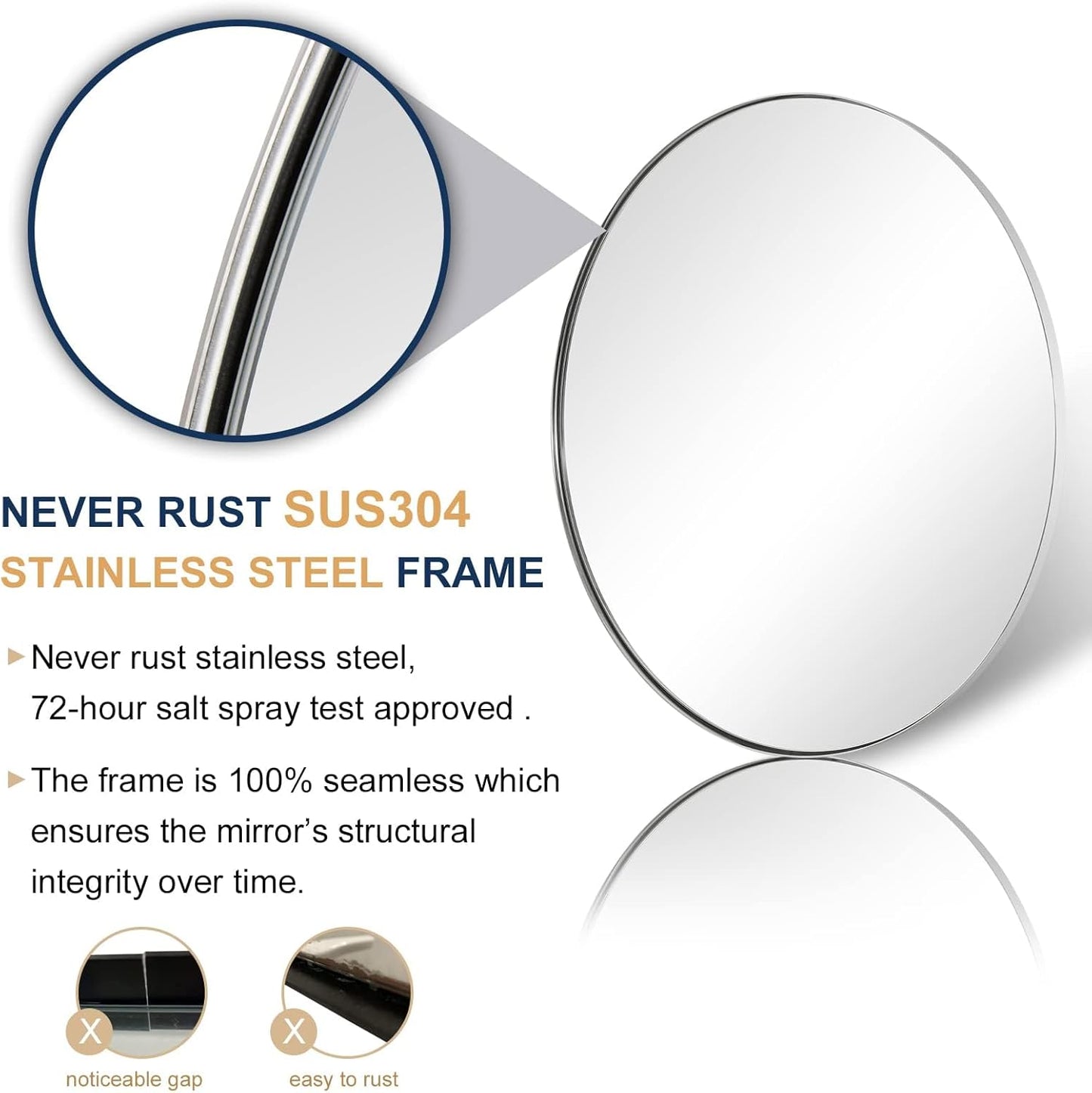 ANDY STAR Round Chrome Mirror, 30 inch Round Chrome Mirror, Circle Bathroom Mirror for Bathroom in Stainless Steel Metal Frame