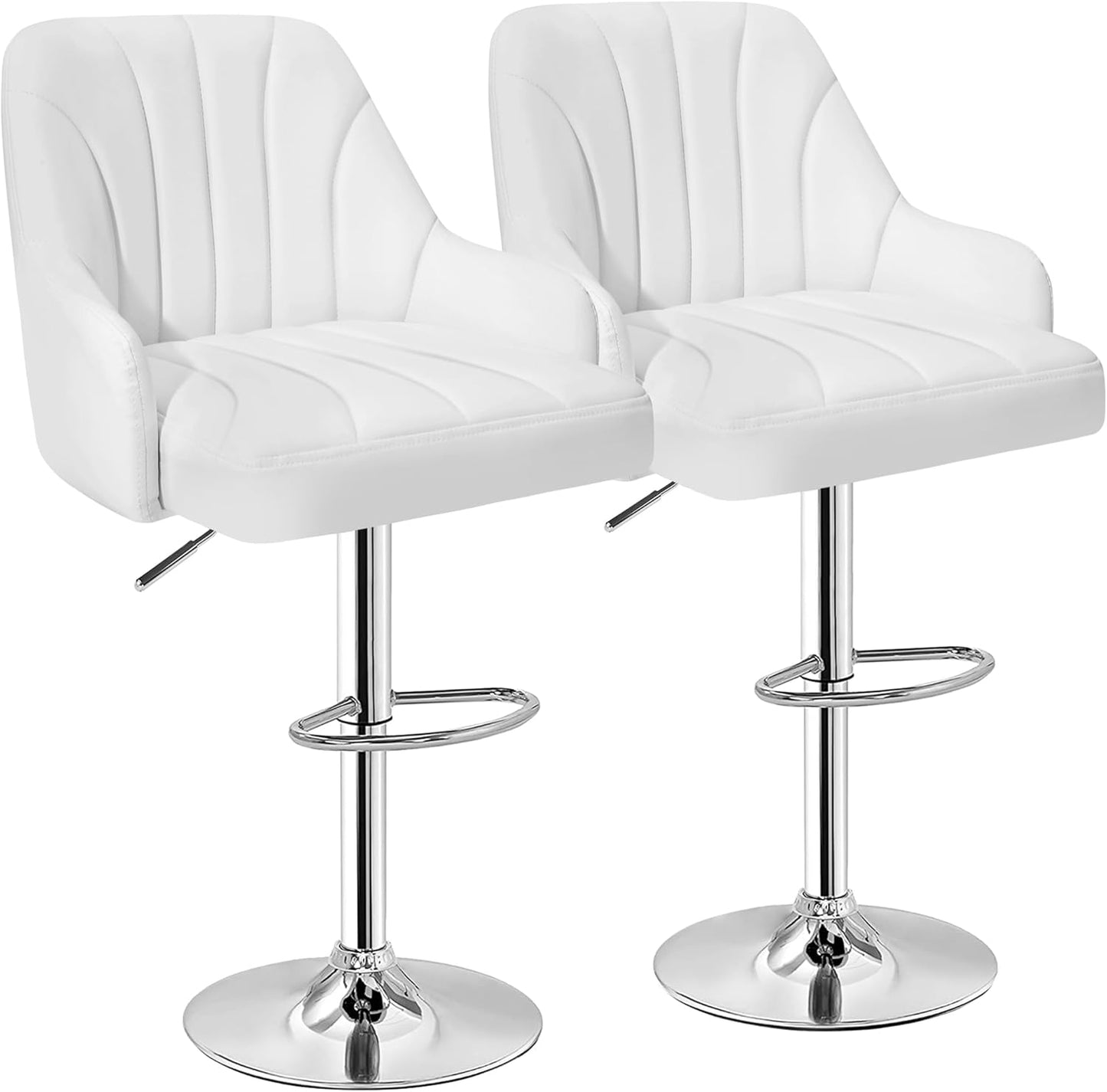 VECELO Bar Stools Set of 2, Adjustable Barstools, Counter Height Stools with Back and Arm, Kitchen Island Stools, Swivel PU Leather Stools, Modern Style, White