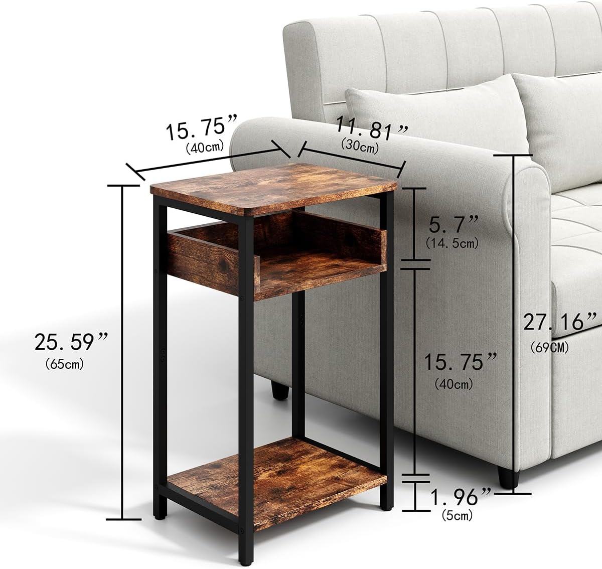 Side Table, 25 inch High End Table, Small Bedside Table for Living Room, Bedroom and Office, Rustic Brown & Black